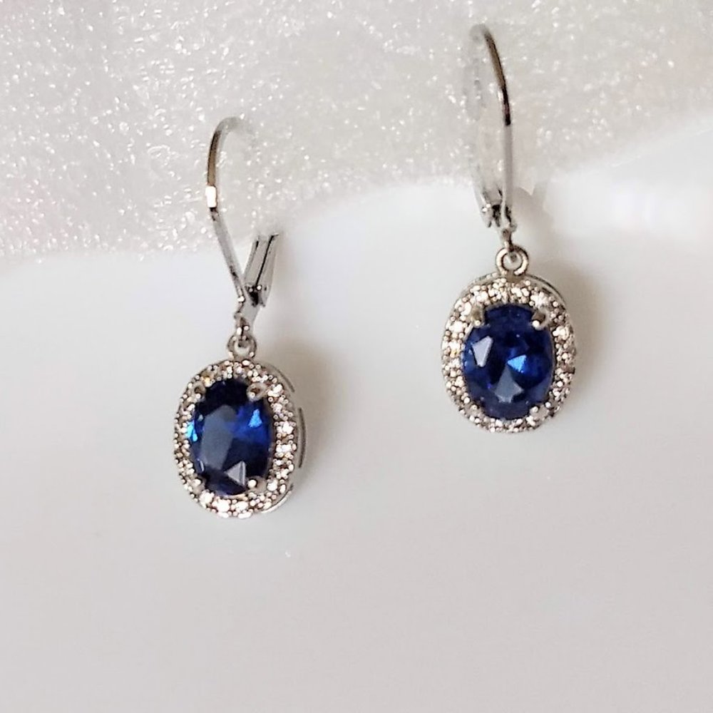 QVC Diamonique Epiphany Platinum Clad Simulated Oval Tanzanite Leverback Earring